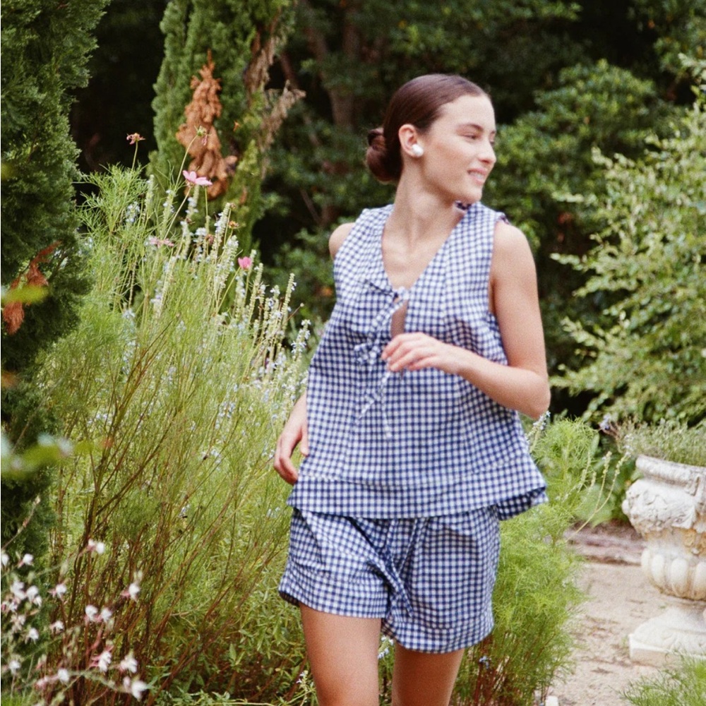 Piyama Gingham Tie-Front Pajama Set - Blue - Medium